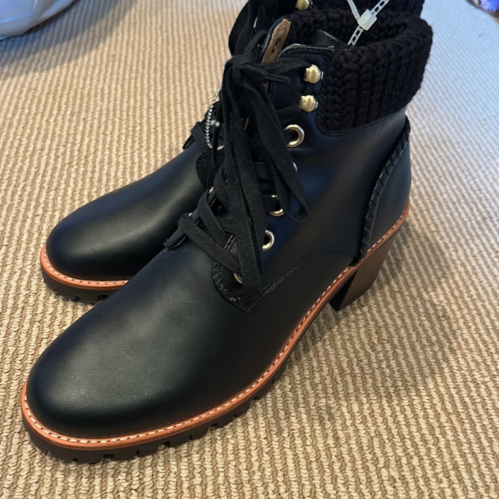 NWT JACK ROGERS Harper hiker knit heeled black leather boots size 9 - Picture 8 of 12